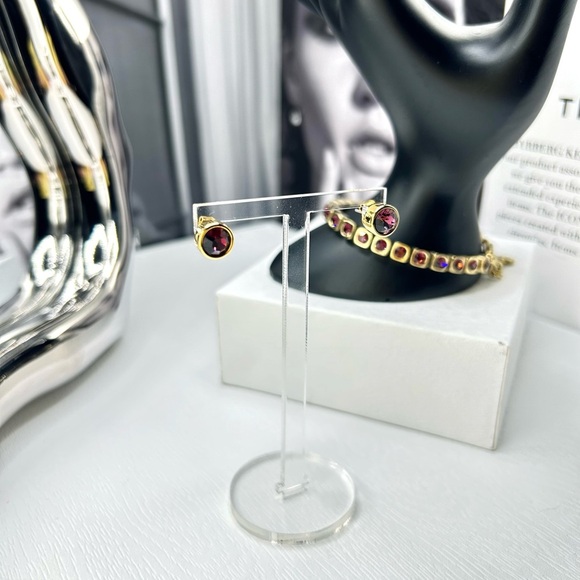 Gold Amethyst Stud Earrings | Hypoallergenic | Crystal Purple | Gift-Ready NWT - Picture 4 of 4